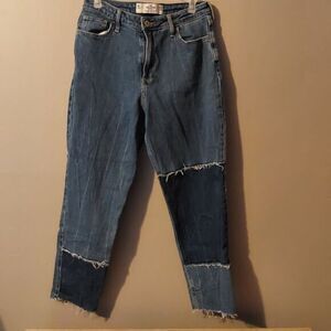 Hollister Patchwork Mom Jeans Curvy High-Rise Vintage Stretch Boho Raw Hem 29x27